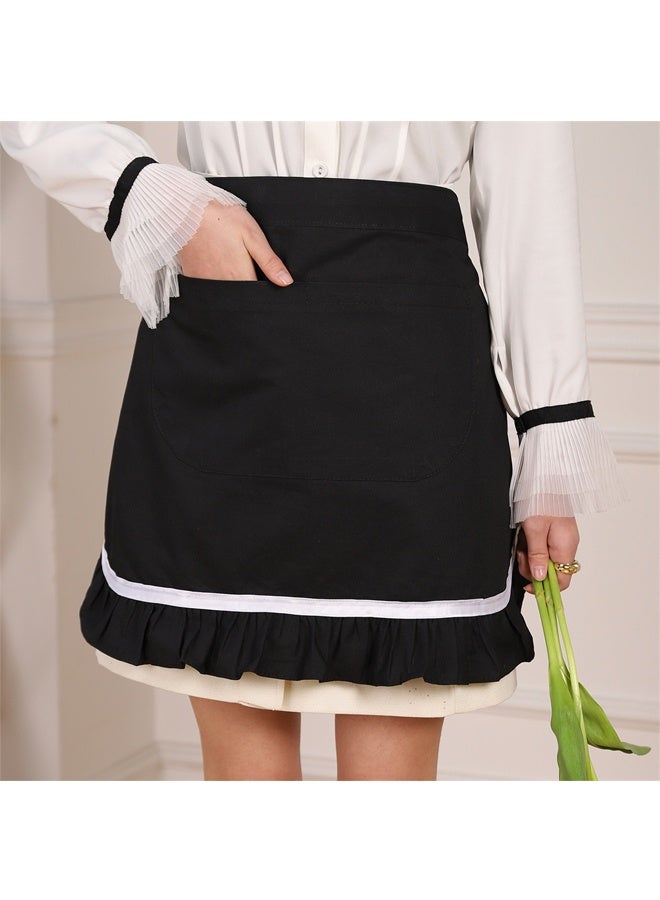 Waist Apron Half Apron for Women Cotton Black Pleated Lace Waist Waitress/Server Maid Apron,  Kitchen Cooking Restaurant Apron - Image 1